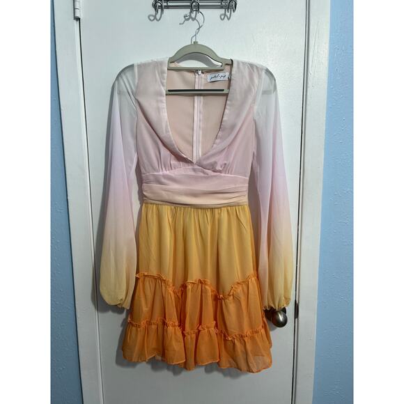 Petal & Pup Mini Dress XS Pink Orange Ombré Ruffled Balloon Sleeve Feminine - Picture 2 of 9